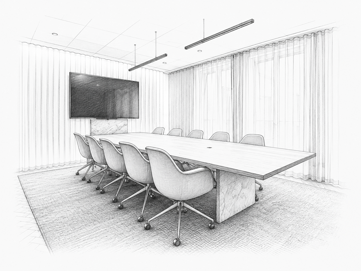 Illustration of a meeting room with a display and conference table