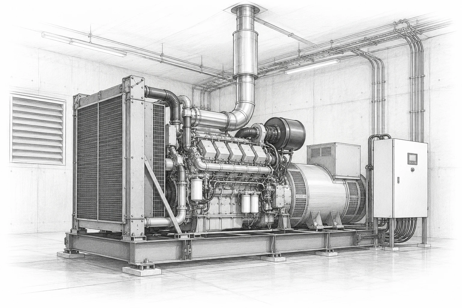 AI illustration of a standby diesel generator in a plant room