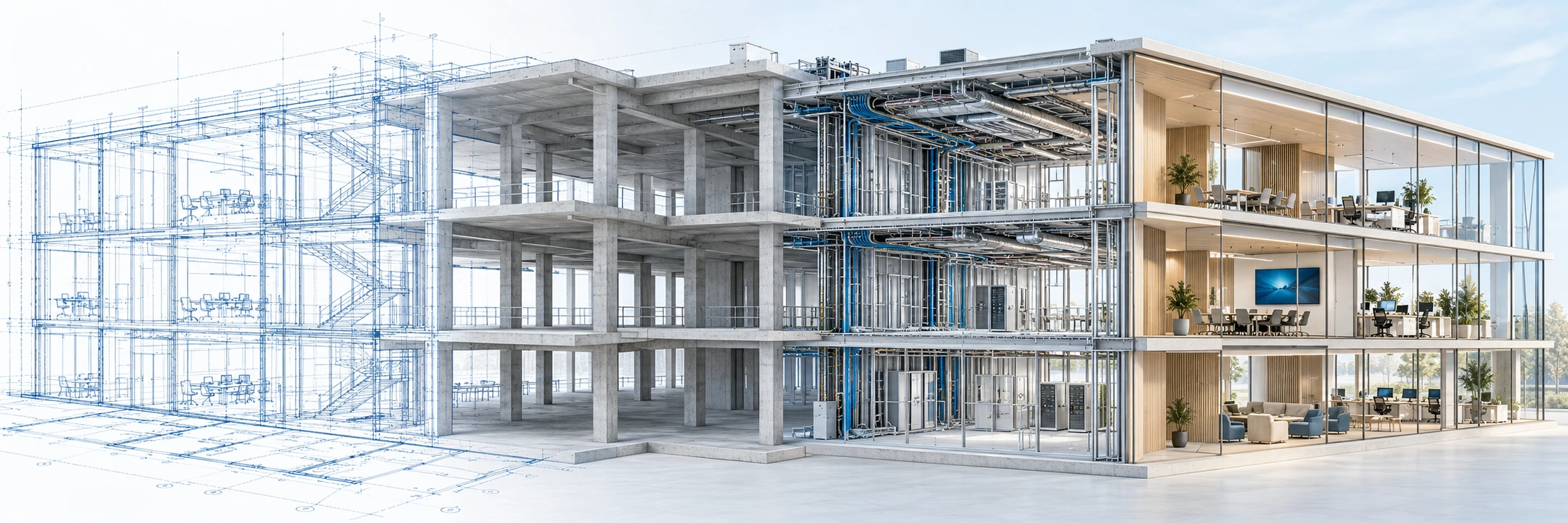 AI illustration of a building progressing from left to right: plans, concrete structure, technical installations and completed offices