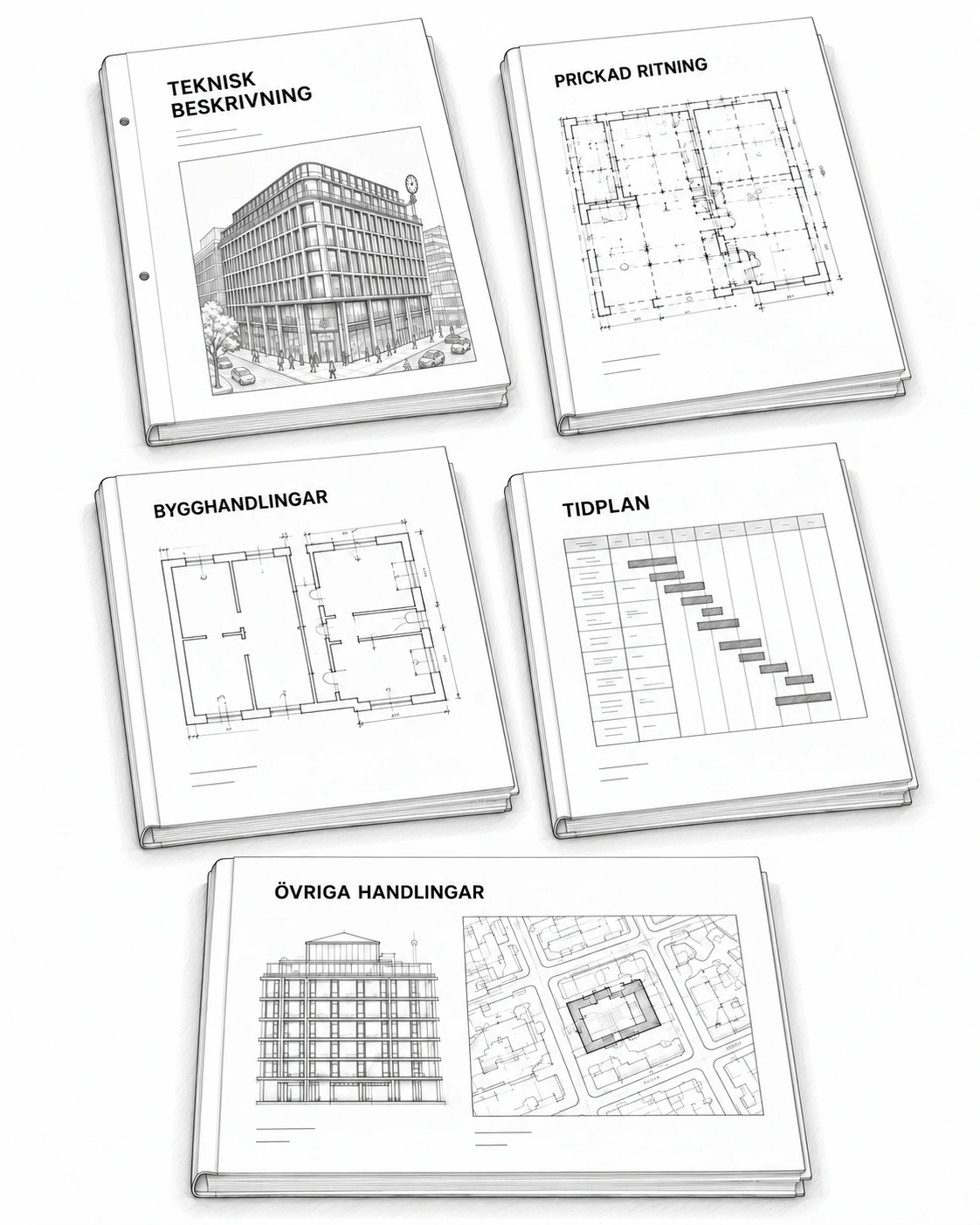 Illustration of technical requirements, annotated drawings, a schedule and construction documentation